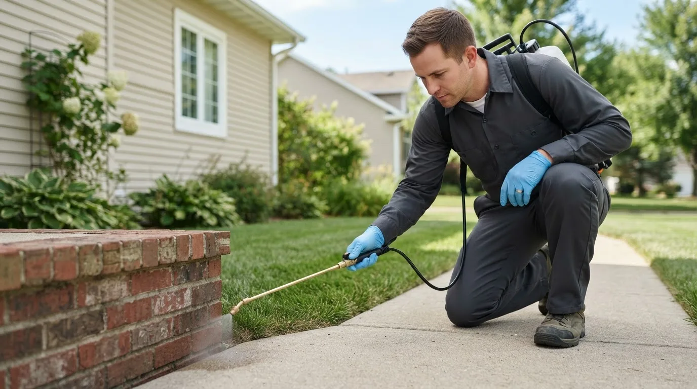 Pest control technician treating a home near Perham, ME
